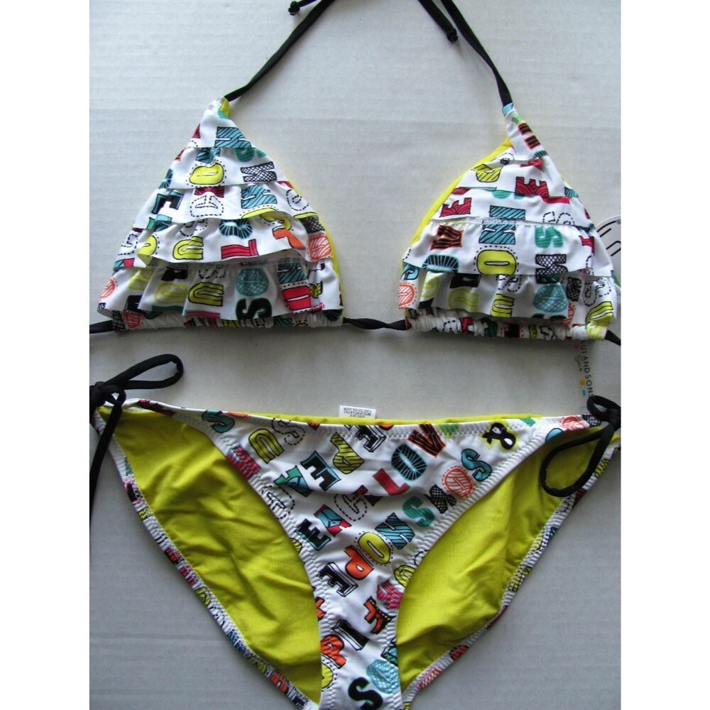 Maui & Sons Ruffle PEACE & LOVE String Bikini Triangle Slider Swim Suit XL